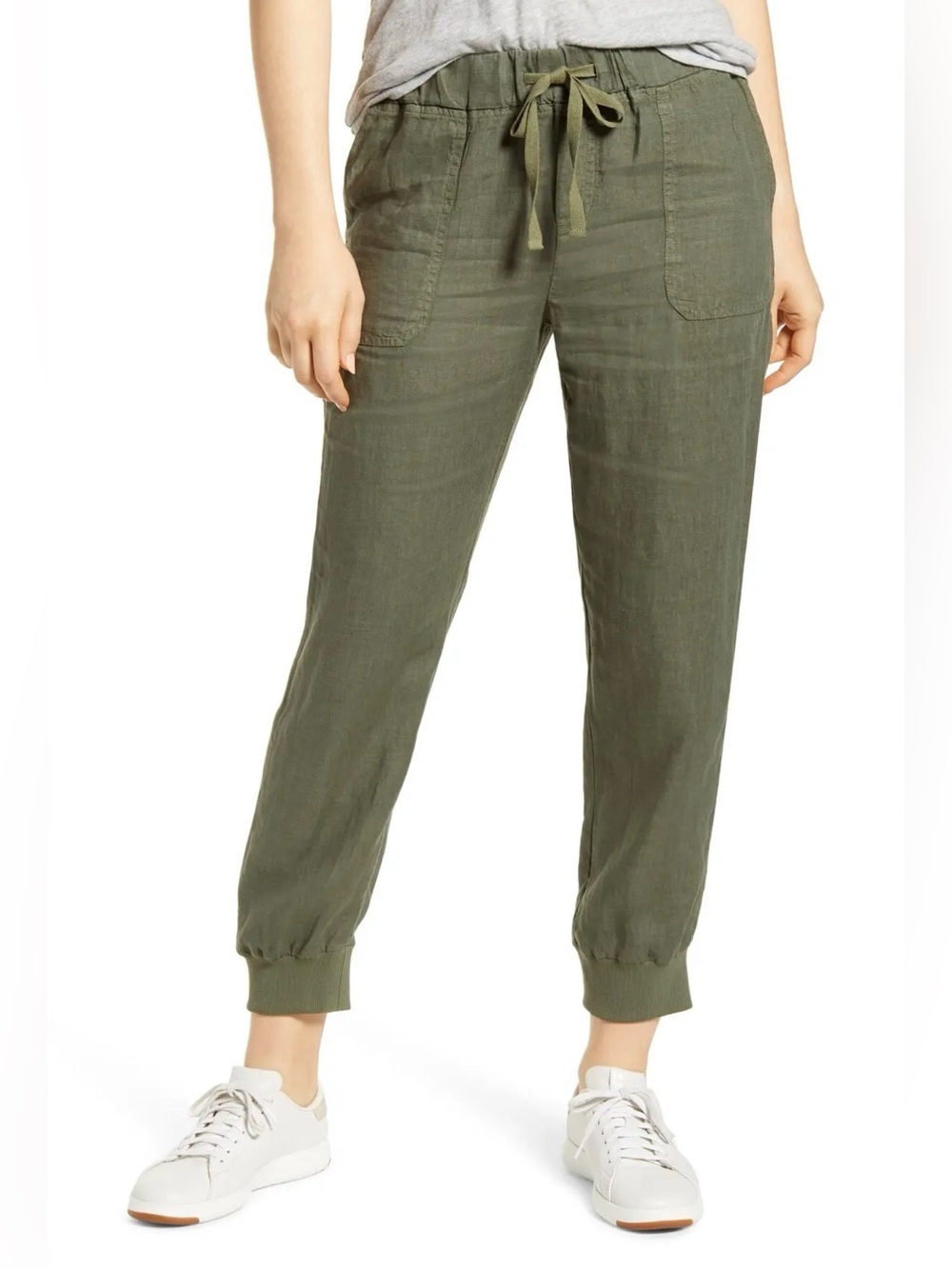 Caslon Olive Drawstring Linen-Blend Jogger Ankle Pants, Size S